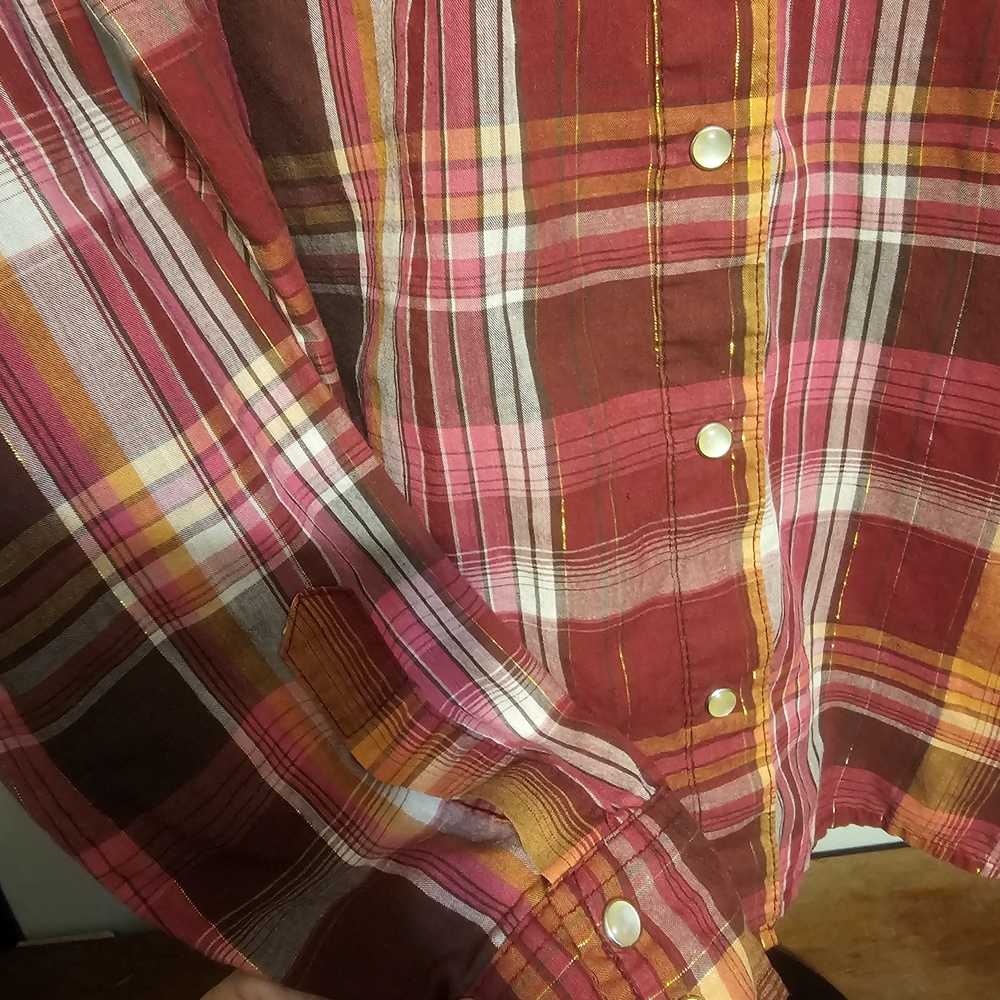 Wrancher by Wrangler Pearl Snap Shirt Women’s Large Plaid Metallic Threading - Picture 3 of 8